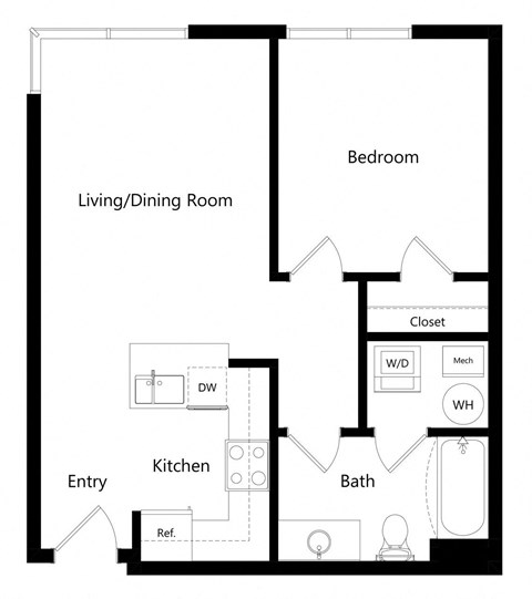 the one-bedroom Boston floor plan at Midtown Crossing Apartments in Omaha, NE